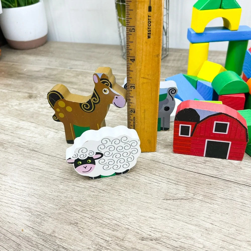 Wooden Building Blocks Farm Set Barn Animals Horse Sheep Goat 80+ Pieces Kids